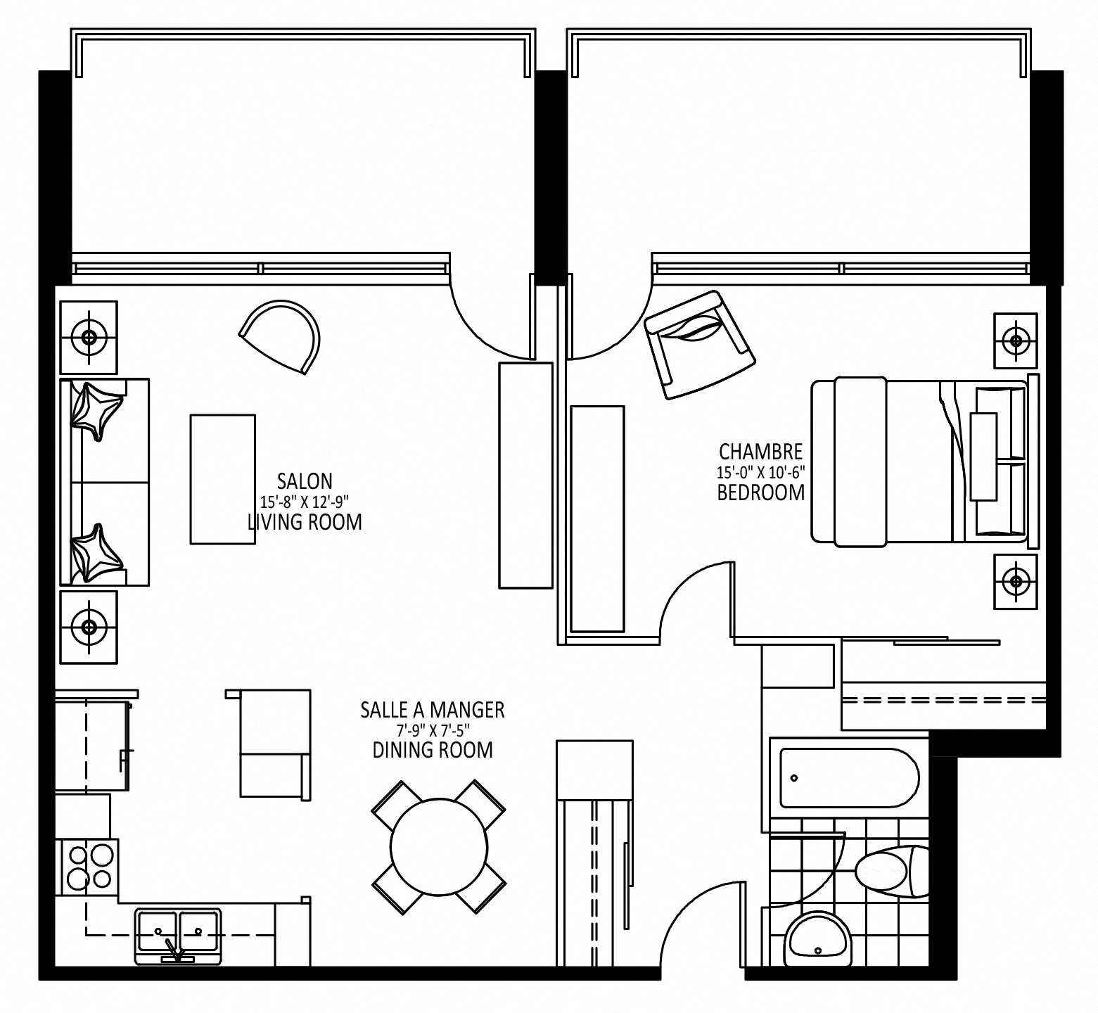 Floor plan for 1 bed, 1 bath, 670 sqft